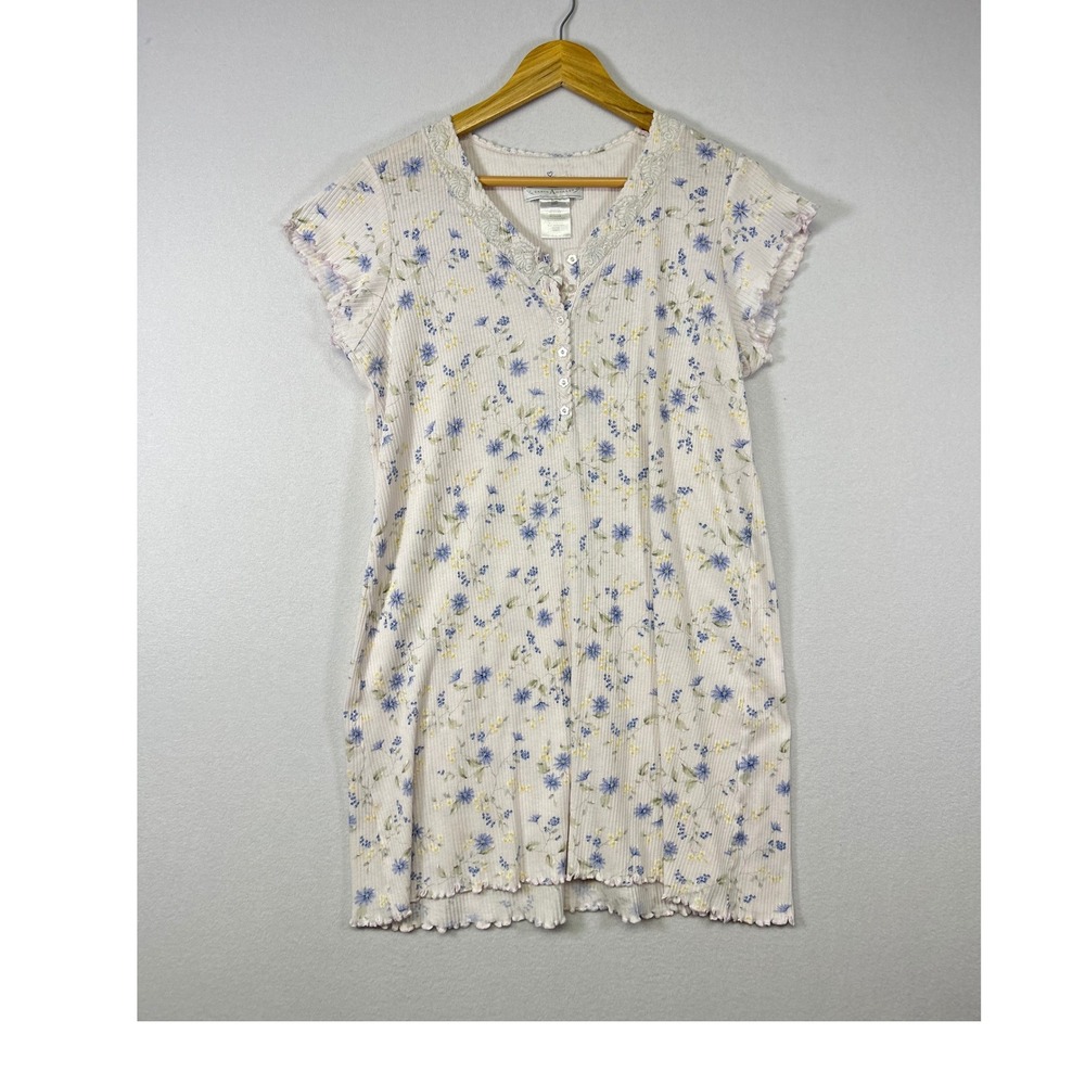 Coquette Grandmacore‎ Nightgown Women Small White Blue Floral Ribbed Henley